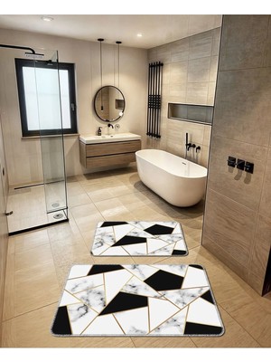 BigArts Home Dekoratif Modern Tasarım Kaymaz Taban Yıkanabilir Set Takım Siyah Beyaz Banyo Paspası 50X60-60X90 cm