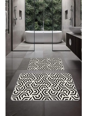 BigArts Home Dekoratif Modern Tasarım Kaymaz Taban Yıkanabilir Set Takım Bej Siyah Banyo Paspası 50X60-60X90 cm