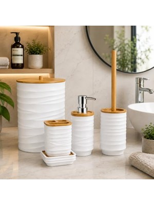 Ceylan Adam Akrilik Banyo Seti 5 Parça, Çöp Kovası, Tuvalet Fırçası, Sıvı Sabunluk, Diş Fırçalık ve Bardak, Modern Tasarım, Dekoratif Banyo Aksesuar Seti, Beyaz Bambu