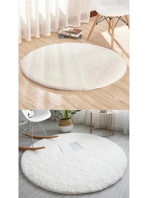 Ceylan Adam Rachel Carpet Beyaz Lüks Raschel Taban Yıkanabilir Kaymaz Taban Yuvarlak Peluş Halı Yolluk, 150 x 150