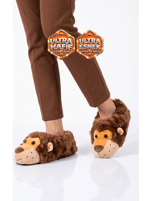 Ayakmod Akınalbella Sıcak Tutan Aslan Desenli Bej Unisex Ev Terliği Panduf H025.Z.0006