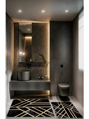 BigArts Home Dekoratif Modern Tasarım Kaymaz Taban Yıkanabilir Set Takımsiyah Gold Banyo Paspası 50X60-60X90 cm