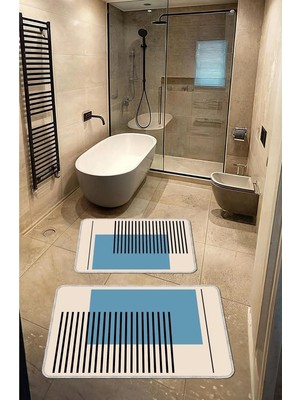 BigArts Home Dekoratif Modern Tasarım Kaymaz Taban Yıkanabilir Set Takım Mavi Banyo Paspası 50X60-60X90 cm