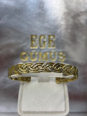 Ege Gümüş 925 Ayar Gümüş Gold Geniş Örgü Dokulu Kelepçe Bilezik