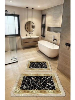 BigArts Home Dekoratif Modern Tasarım Kaymaz Taban Yıkanabilir Set Takım Gold Banyo Paspası 50X60-60X90 cm