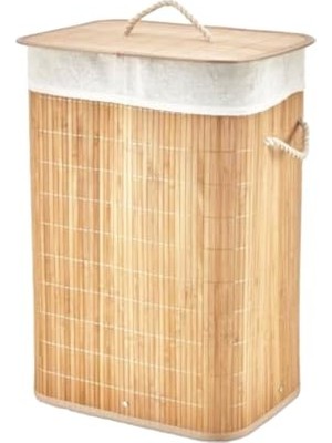 Ceylan Adam Çamaşır Sepeti, Dikdörtgen Bambu Ahşap Kirli 40X30X60 cm Seyyar Kapaklı Içi Bezli Ip Kulplu (5264)