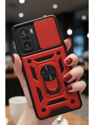 Ceylan Adam Xiaomi Poco F3 ile Uyumlu Kaze Tora Kamera Korumalı Sürgülü Yüzüklü Armor Military Tank Kızaklı Kılıf Kapak - Kırmızı