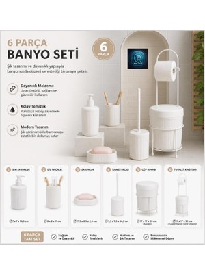 Ceylan Adam 6 Parçalı Banyo Aksesuar Seti, Siyah, Modern Tasarım, Sıvı Sabunluk, Diş Fırçalık, Sabunluk, Tuvalet Fırçası, Çöp Kutusu (Beyaz)