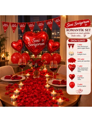 Çavuş E-Ticaret Seni Seviyorum Temalı Set Kalpli Balon Mum Romantik Yemek Seti Sevgililer Günü Doğum Günü Yıldönümü Evlilik Teklifi Parti Süsleri