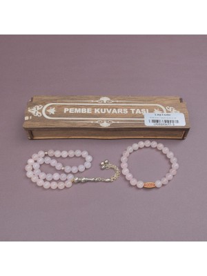 Lapisdo Pembe Kuvars Doğal Taş Bileklik+ Tesbih Set Kahverengi Ahşap Kutulu