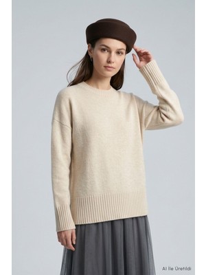 Rays Bisiklet Yaka Oversize Triko Kazak 2521 Ekru