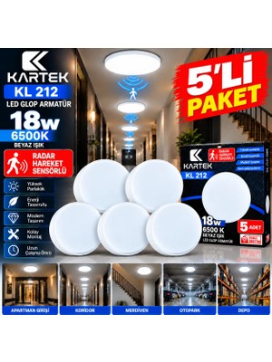 5'li Paket Kartek Kl 212 18W Radar Hareket Sensörlü LED Glop Armatür 6500K Beyaz Işık Sıva Üstü Yuvarlak Tavan Lambası
