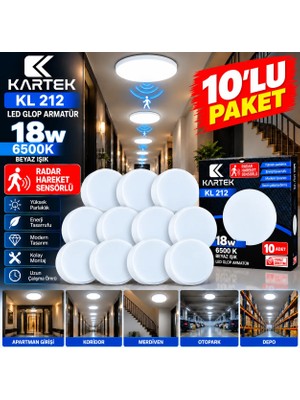 10'lu Paket Kartek Kl 212 18W Radar Hareket Sensörlü LED Glop Armatür 6500K Beyaz Işık Otomatik Yanan Sıva Üstü Yuvarlak Tavan Lambası