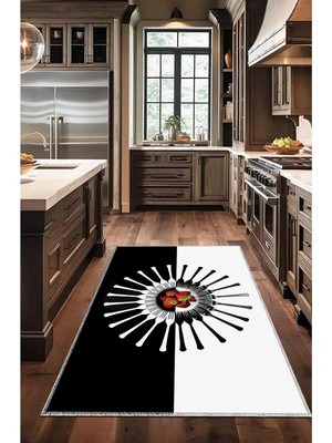 BigArts Home Dekoratif Modern Vintage Retro Tasarım Kaydırmaz Taban Siyah Beyaz Mutfak Halı