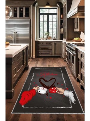 BigArts Home Dekoratif Modern Vintage Retro Tasarım Kaydırmaz Taban Siyah Kırmızı Renkli Mutfak Halı