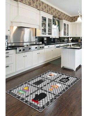 BigArts Home Dekoratif Modern Vintage Retro Tasarım Kaydırmaz Taban Gri Mutfak Halı