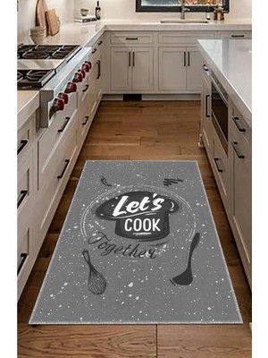 BigArts Home Dekoratif Modern Vintage Retro Tasarım Kaydırmaz Taban Gri Mutfak Halı