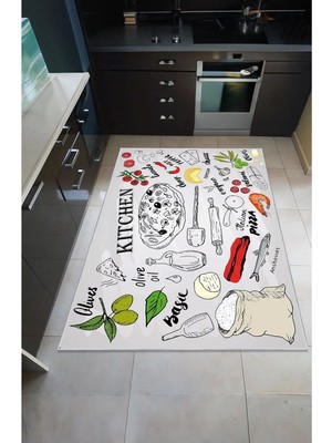 BigArts Home Dekoratif Modern Vintage Retro Tasarım Kaydırmaz Taban Gri Renkli Mutfak Halı