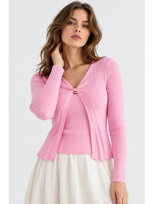 Mevese Kadın 2'li Takım Fitilli Triko Bluz ve Atlet Kaşmir Dokulu Akrilik Set - Pembe