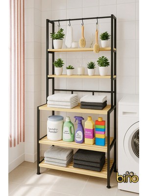 Bino Banyo Dolabı Çok Amaçlı Raf 5 Katlı Ahşap Vernikli Banyo Düzenleyici Modern Tasarım Havlu Temizlik