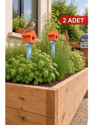 Bino 2 Adet Dekoratif Ahşap Kuş Yuvası Kuş Evi Toprağa Saplamalı Saksı Balkon ve Bahçe Süsü Turuncu ve Mavi 52CM