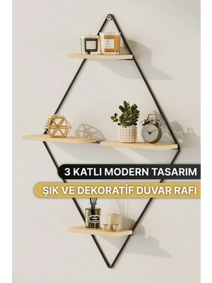Bino Dekoratif Duvar Rafı Prizma Model 3 Katlı Metal Ahşap Raf Organizer Kitaplık Çok Amaçlı