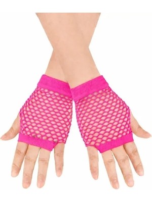 Ett If 80’ler 90’lar Retro Neon Fuşya Şeker Pembesi File Parmaksız Kısa Eldiven 11 cm