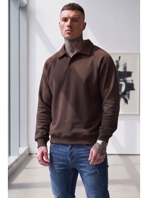 No 601 Reglan Kol Düğmeli Polo Yaka Erkek Sweatshirt - Lacivert Casual Sweat