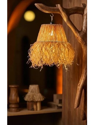 My Family El Yapımı Doğal Rafya Saçaklı Avize 40 cm - Boho Tarzı Püsküllü Hasır Sarkıt Lamba - E27 Duy Rustik Tavan Aydınlatması