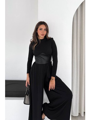 Neşeli Butik Kadın Siyah Deri Korse Detaylı Uzun Kollu Palazzo Tulum NBK5046