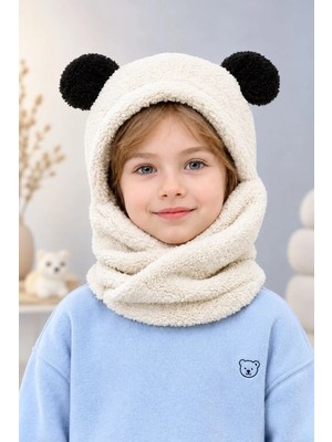 Homy Life Rüzgar Geçirmez Peluş Ayı Kulaklı Kapüşonlu Polar Şapka Bere Kışlık Welsoft Atkı Boyunluk Kar Maske