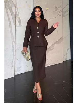 Neşeli Butik Kadın Kahverengi Tüvit Kumaş Peplum Ceket Kalem Etek Ikili Takım NBSTR1012