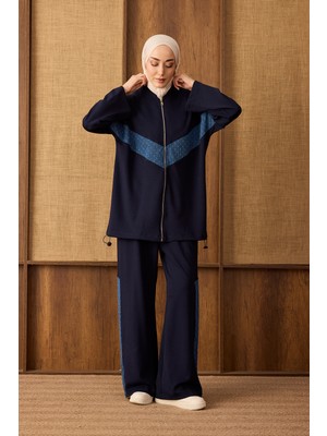 Suede Style 6647 - Şık Rahat Salaş Viskon Yumuşak Modal Kumaş Kot Kumaş Garnili Kadın Takım