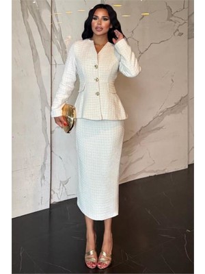 Neşeli Butik Kadın Ekru Tüvit Kumaş Peplum Ceket Kalem Etek Ikili Takım NBSTR1012