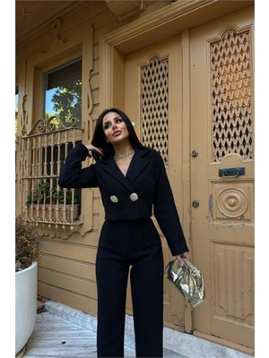 Neşeli Butik Kadın Siyah Tüvit Kumaş Gol Düğmeli Crop Ceket Pantolon Ikili Takım NBSTR1028