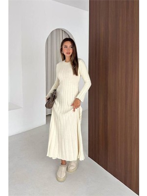 Neşeli Butik Kadın Ekru Fitilli Triko Tam Boy Standart Beden Arka Bağlamalı Elbise NBK2585