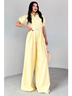 Neşeli Butik Kadın Gömlek Yaka Kemerli Geniş Paça Tulum NBK4197