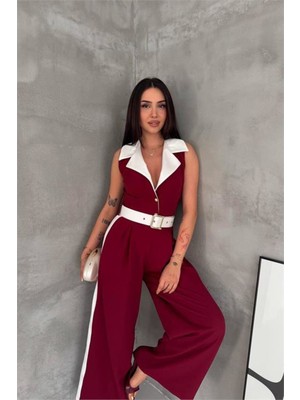 Neşeli Butik Kadın Bordo Çift Renkli Kemerli Şerit Detaylı Tam Boy Kolsuz Tulum NBK087