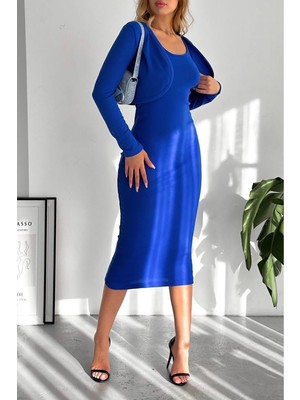 Neşeli Butik Kadın Çıkarılabilir Bolerolu Triko Elbise KKLF65 - Saks