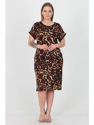 Neşeli Butik Kadın Bej Leopar Desenli Büyük Beden Günlük Elbise AYSL21