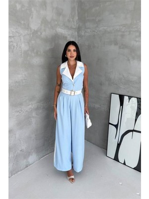 Neşeli Butik Kadın Bebe Mavi Çift Renkli Kemerli Şerit Detaylı Tam Boy Kolsuz Tulum NBK087
