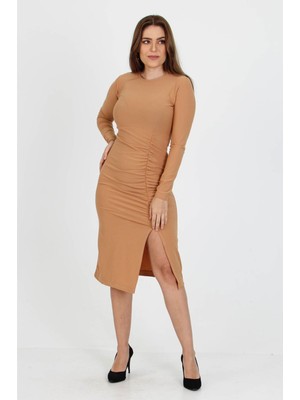 Neşeli Butik Kadın Yırtmaç Detaylı Midi Boy Örme Krep Elbise SHNZ11