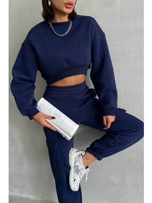 Neşeli Butik Kadın Lacivert Kargo Cepli Eşofman Takımı NBG041