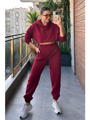 Neşeli Butik Kadın Kapüşonlu Şardonlu Eşofman Takımı GTS020 - Bordo