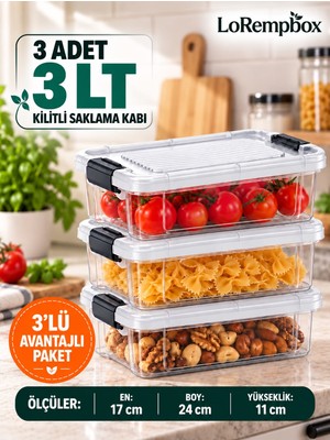 Lorempbox 3 Litre Kilitli Şeffaf Saklama Kabı 3’lü Set – Çok Amaçlı Istiflenebilir Organizer Kutu