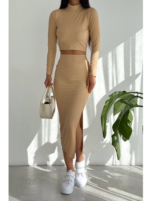 Neşeli Butik Kadın Yarım Balıkçı Etekli Alt Üst Takım KKLF51 - Bej