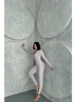 Neşeli Butik Kadın Gri Çizgi Detaylı Yüksek Bel Tulum NBDF098