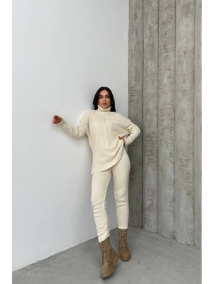 Neşeli Butik Kadın Bej Fitilli Balıkçı Yaka Alt Üst Triko Takım NBDM1215