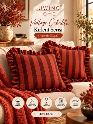 Luwino Home Kırlent Kılıfı Fırfırlı Keten Vintage Çubuklu Serisi 42 x 42 cm (2'li Set)