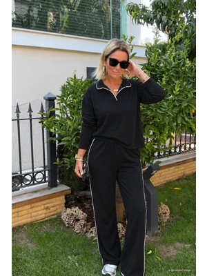 Trend Cojans Kadın Uzun Kollu Yakalı Ince Şerit Detaylı Viskon Iki Iplik Bluz ve Pantolon Ikili Takım